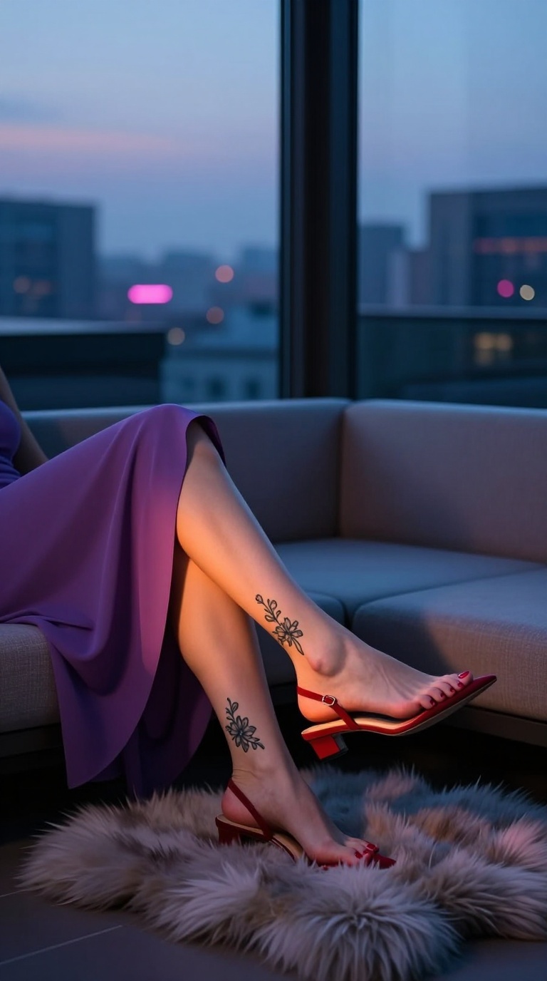 Tattooed feet on sofa with neon glow, messy red nail polish, and soft faux fur rug, soles against window glass, urban elegance.