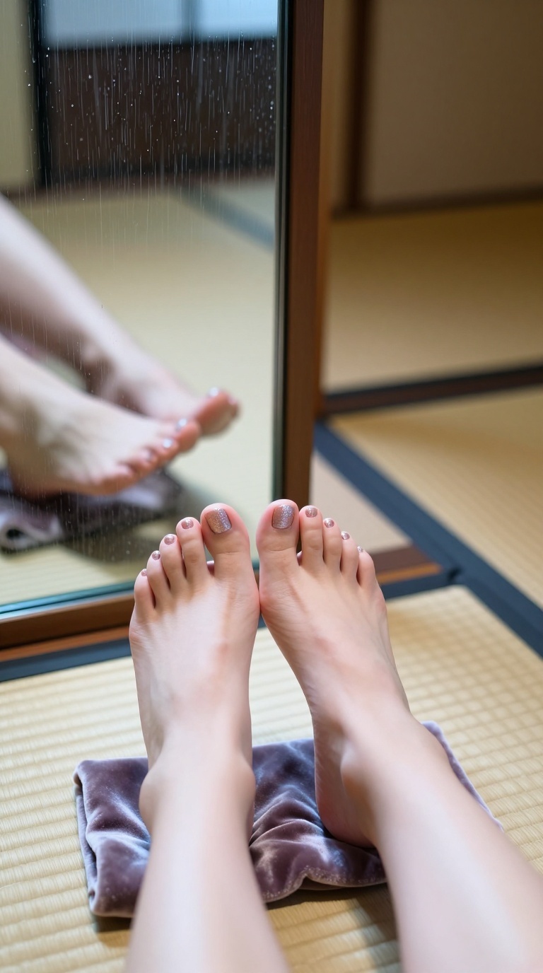 Two feet with glitter pedicure press flat against glass in tatami room, crushed velvet beneath, soft spring drizzle and mirror reflections create dreamy ethereal light