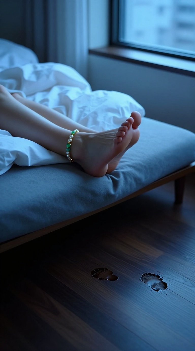 Exhausted feet curling on messy tangled sheets, golden anklet visible, damp footprints fading on dark luxury wood floor in cool blue-hour light