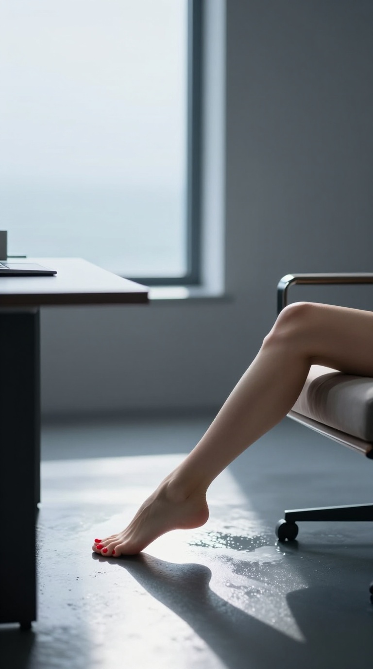 Bare feet with red polish in diagonal composition on chaise lounge, one foot brushing ankle, high-contrast spotlight, misty seaside breeze.