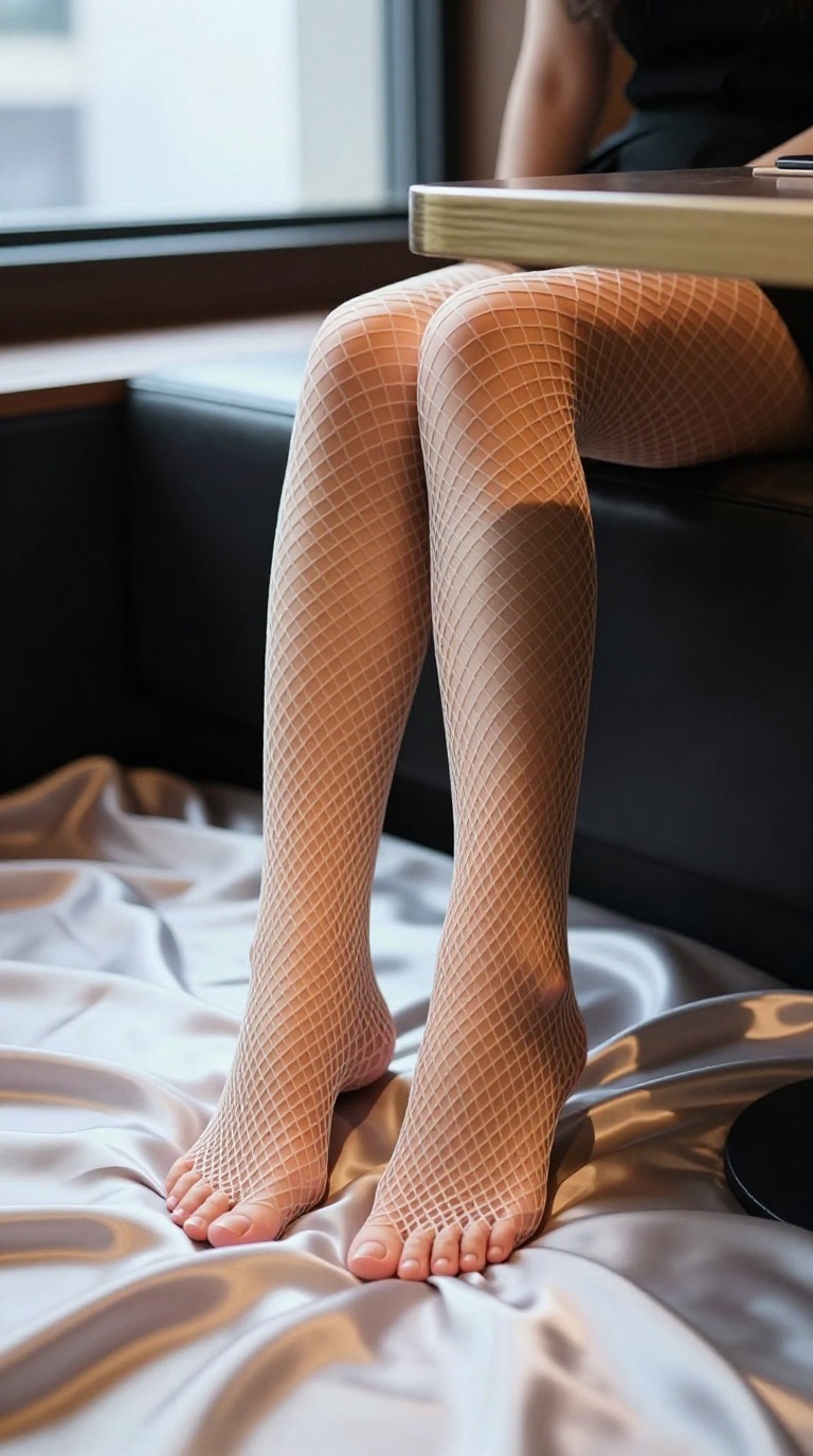Elegant feet crossing ankles in fishnet tights under Seoul cafe booth, cinematic floor-level framing with wrinkled damp silk sheets