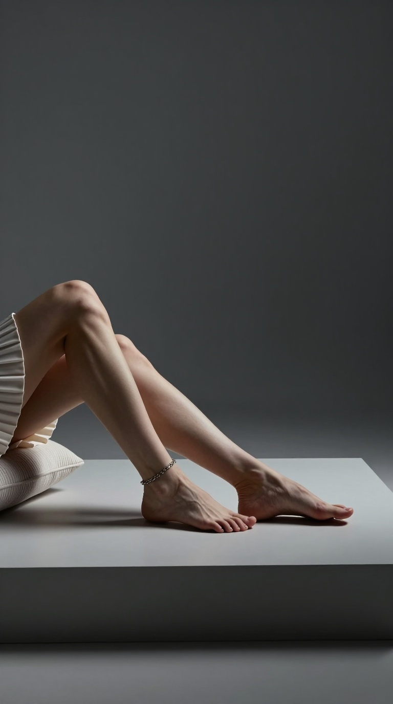 Bare feet pointing aggressively like a ballerina in minimalist loft, thin chain anklet, pleated skirt hem, moody side lighting, ribbed knit textures