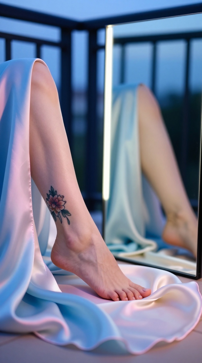 Reflected mirror shot of sole and arch with floral ankle tattoo, soft fabric contact, dusk lighting