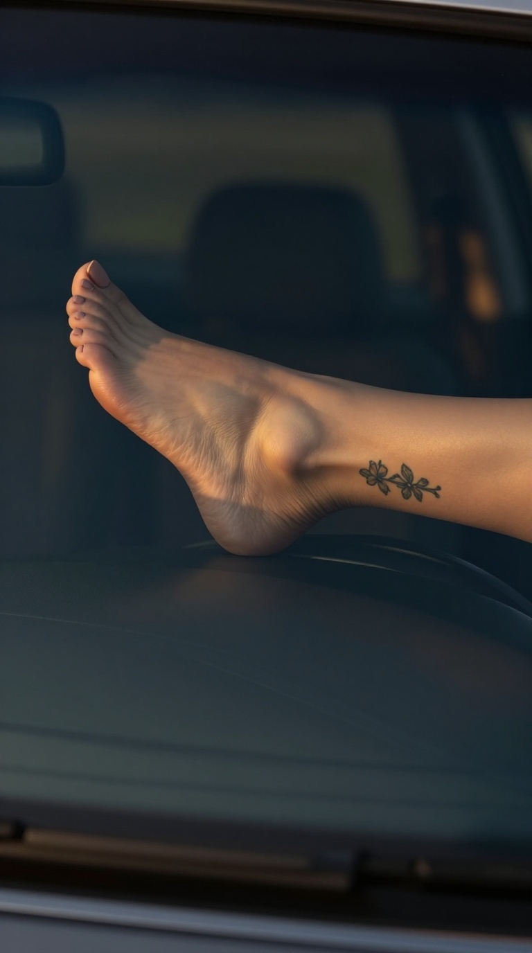 Tattooed feet with matte nude pedicure and floral ankle tattoo, sole pressed against car window glass in warm afternoon light