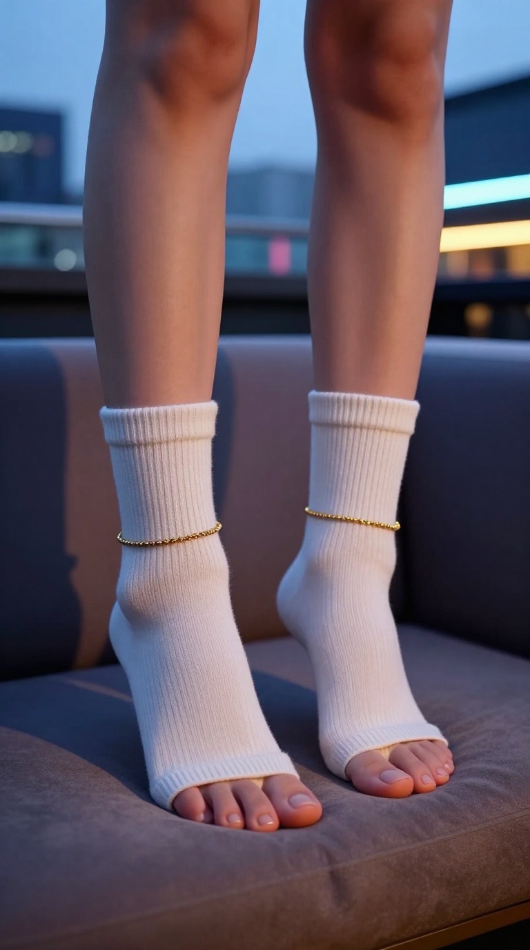 Feet in ribbed knit socks balancing on tiptoes on a rooftop sofa at dusk with gold ankle charm and neon reflections