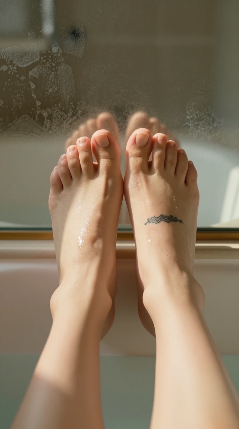 Cropped frame from mid-calf down shows two feet pressing flushed soles against a steamed mirror, with smudged oil on instep, subtle ankle dimples, and lace-style tattoo in cinematic shadows.