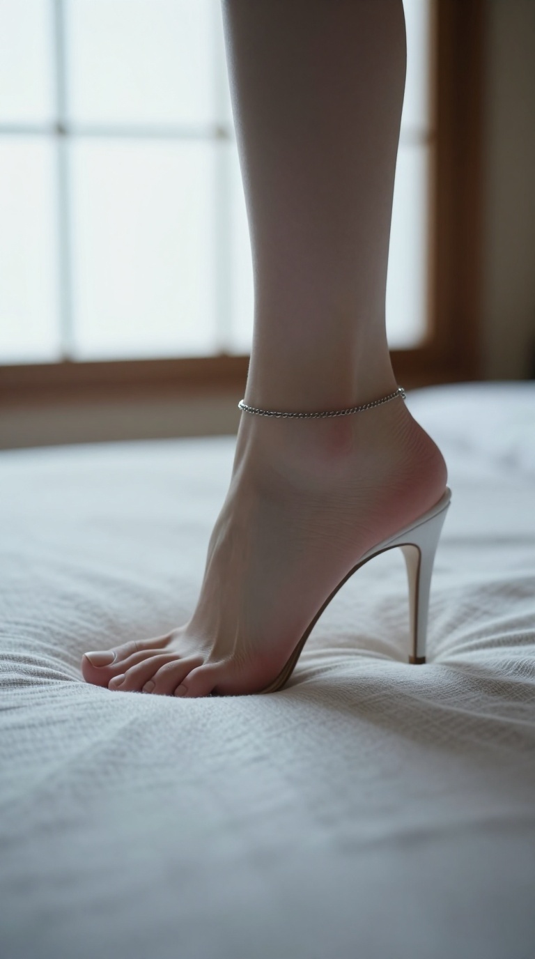 Extreme close side profile of a foot on linen, dangling a heel from toe tips, thin chain anklet, shoji-window diffused light, subtle arch vein detail, ethereal softness.