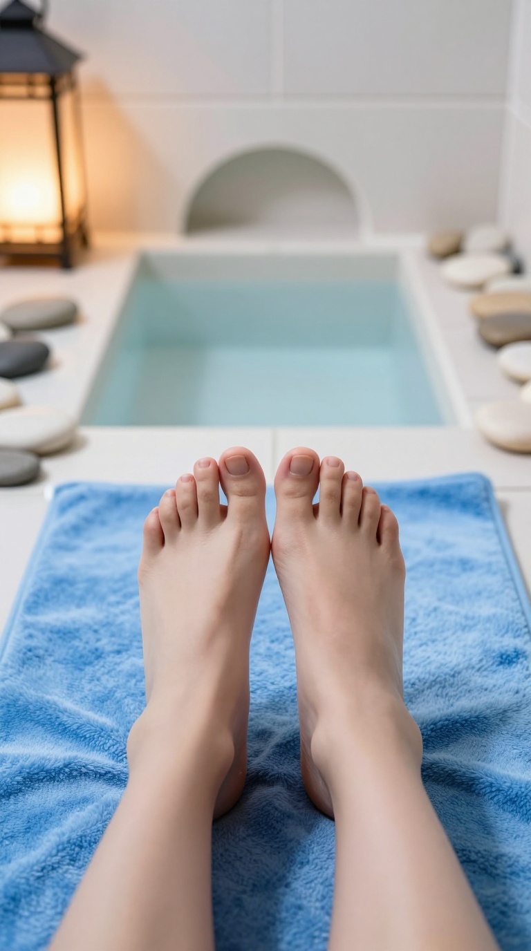 First-person view of bare feet with toes on plush rug in onsen bath corner with spa stones and soft lighting.