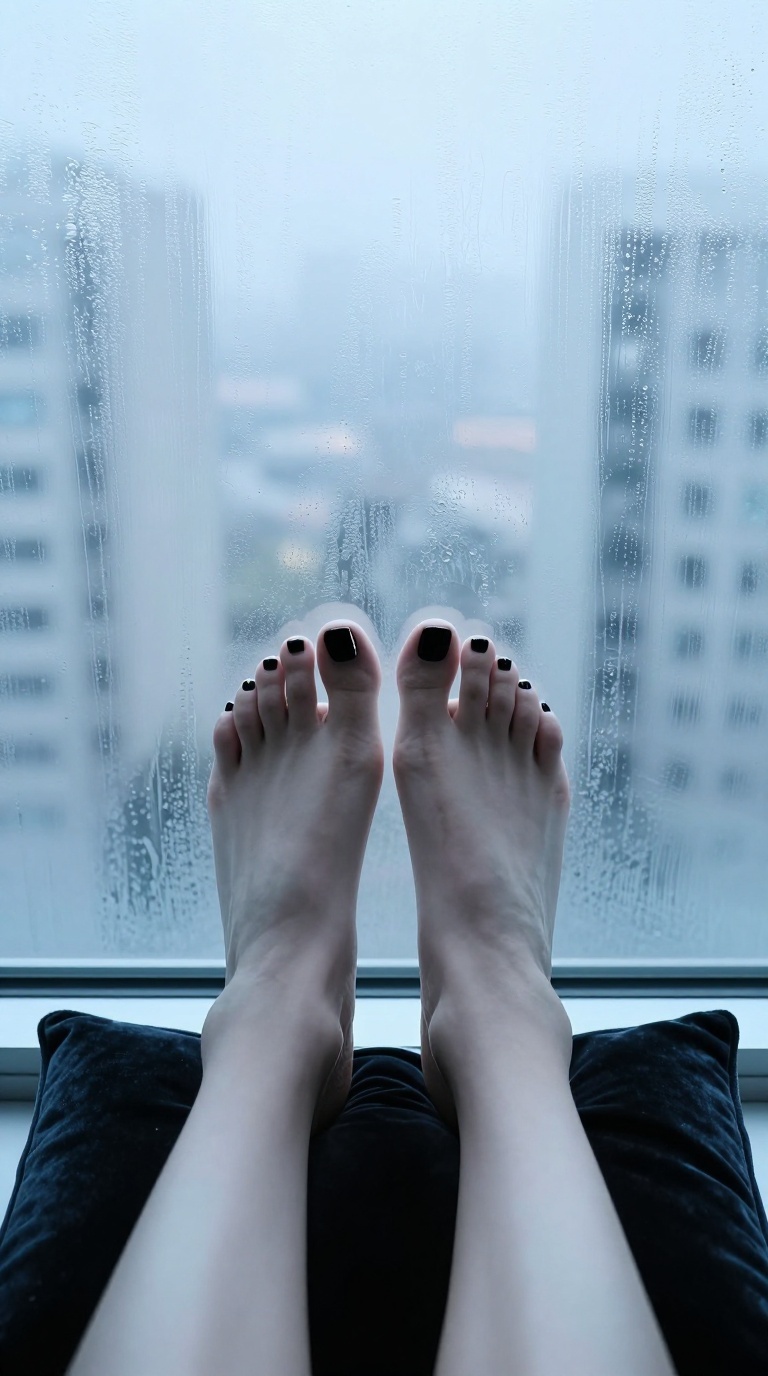 Slender feet on velvet pillow, fogged glass condensation, chipped black nail polish, neon glow monochrome