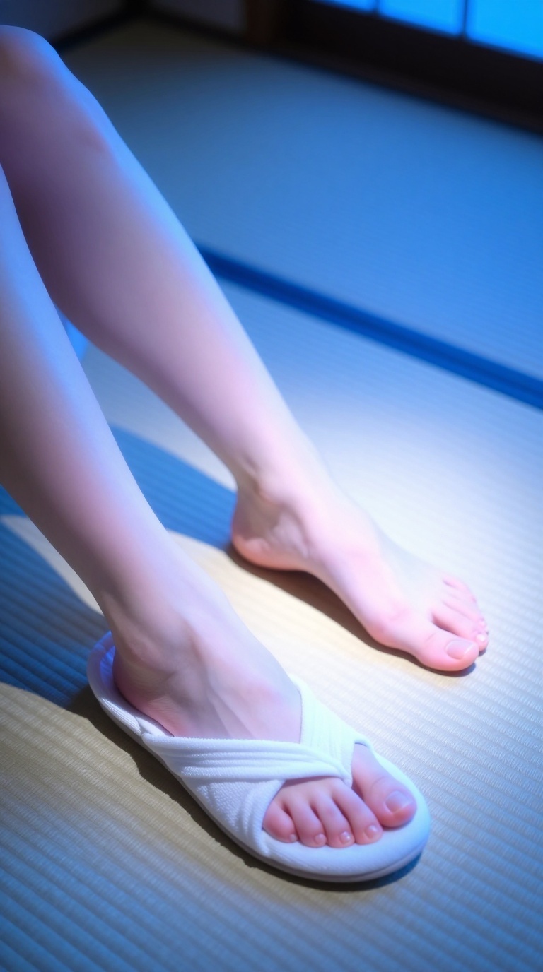 Elegant feet in powder blue tatami room, one foot bare with stocking pooled, toes peeking from half-removed shoe, high-contrast blue-hour spotlight.