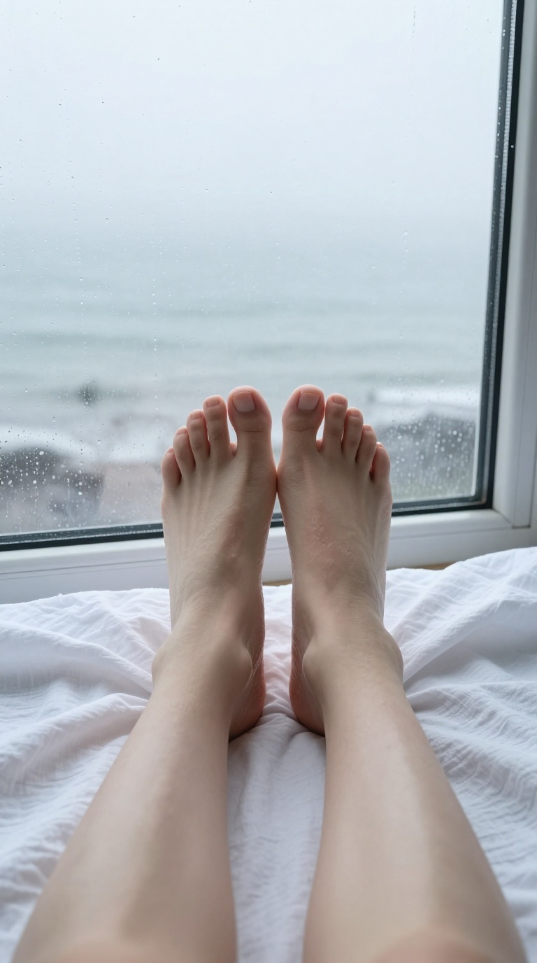 First-person view of bare feet on a linen sheet by a rainy window, toes gripping the mattress, soft light and fogged glass adding a misty mood.