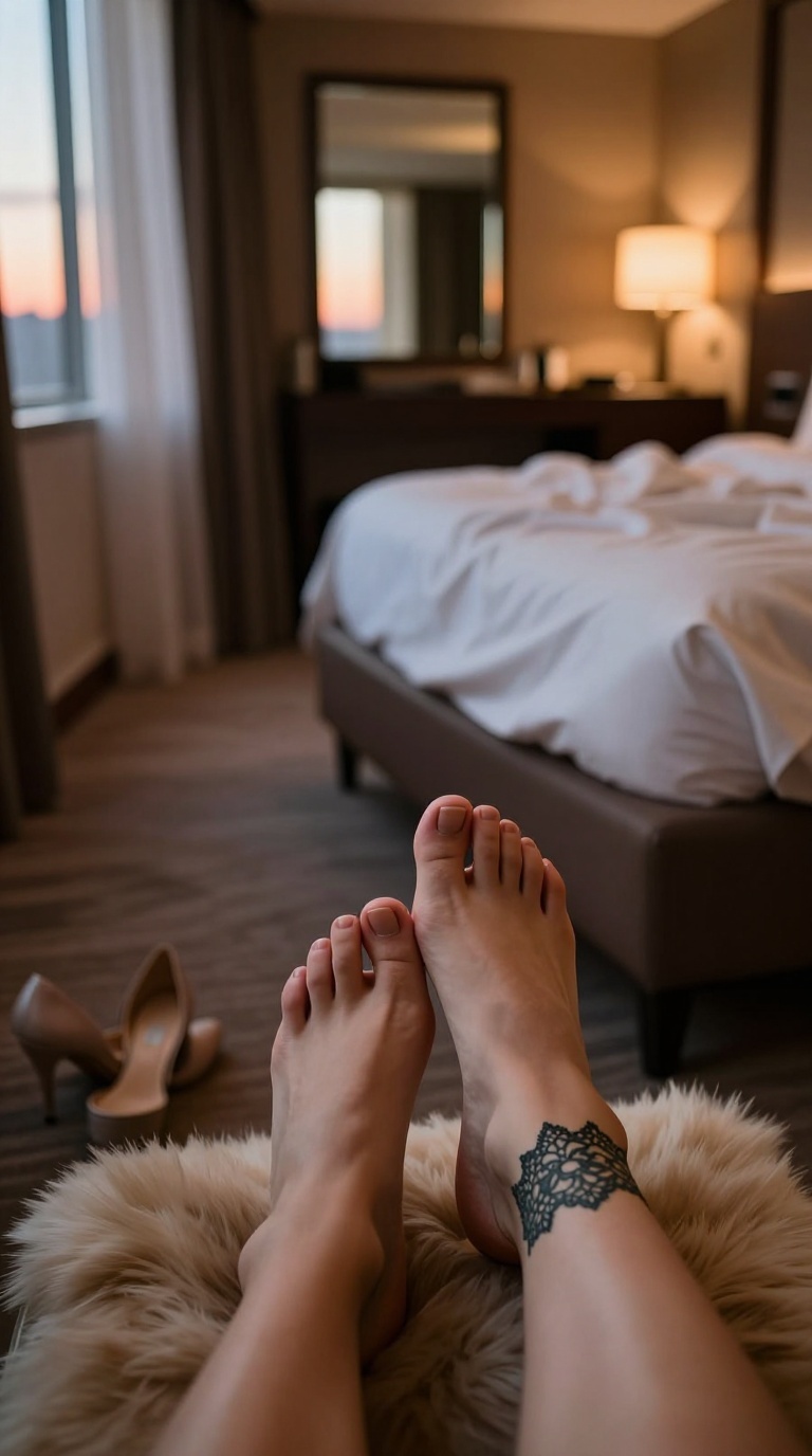 Exhausted toes curling on tangled messy sheets in quiet hotel room with after-sunset city glow, soft faux fur rug, and reflected vanity mirror glow.