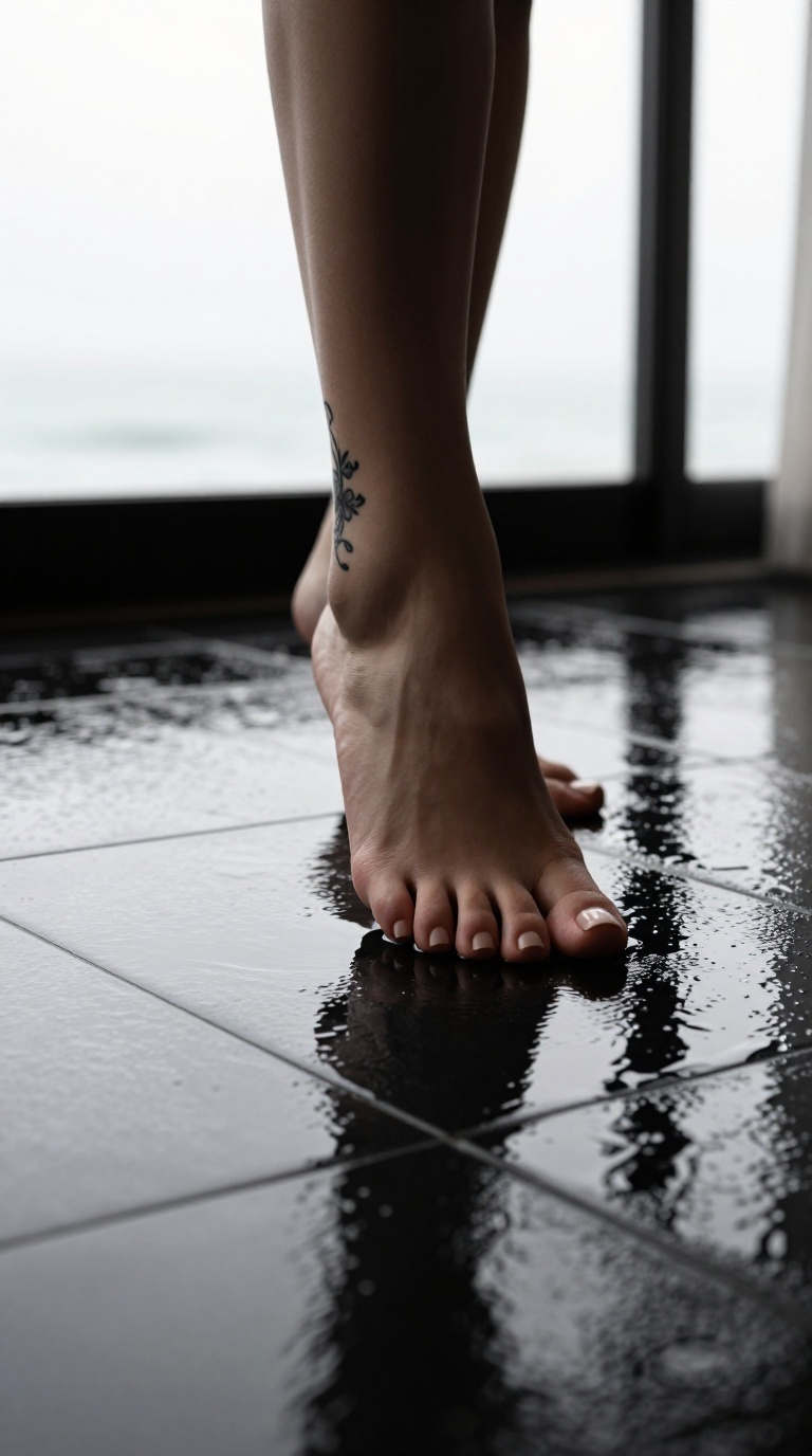 Pointed foot with tattoo on instep over reflective pool on wet black tiles in monochrome luxury bedroom
