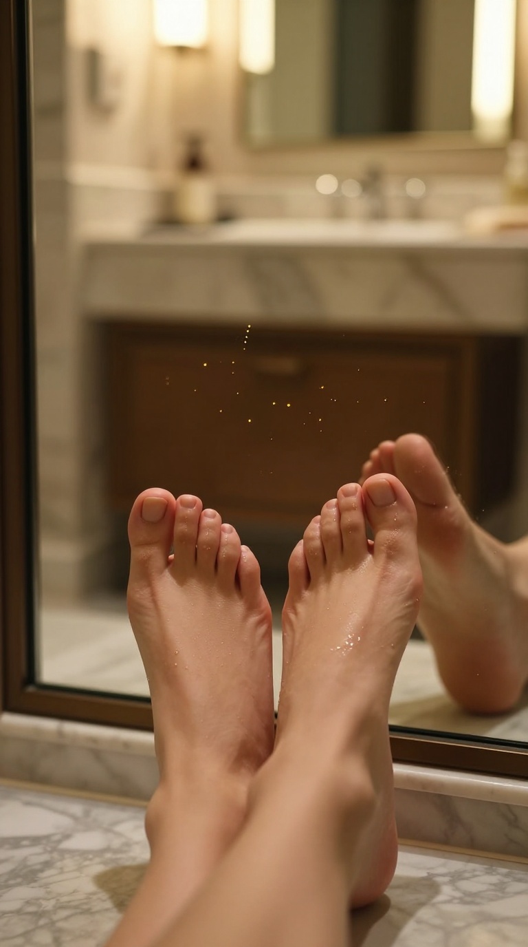 Bare feet with dewy skin touching cool window glass, reflected vanity glow, golden dust motes, floor-level cinematic shot.