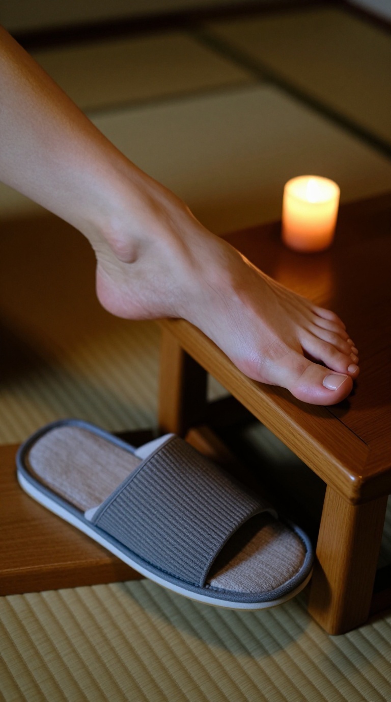 Close-up of bare feet with arch vein detail in Kyoto tatami room, candle highlights on toes and slippers