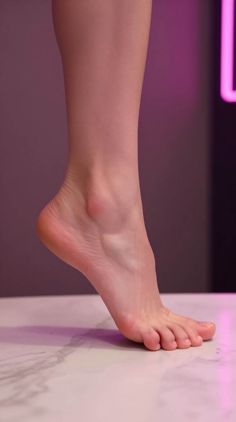 Foot on marble with vein detail and flexing arch, smoky mauve tones, low-key neon alley lighting, single subject