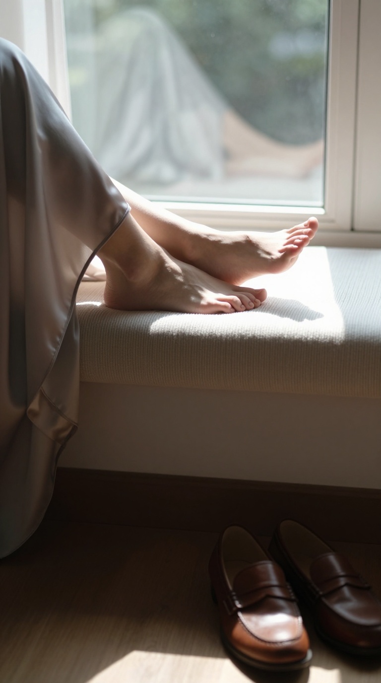 Crossed bare feet resting on a ribbed knit bench cushion by a sunlit bay window, lens flare edge framing, leather loafers nearby, cool morning atmosphere.