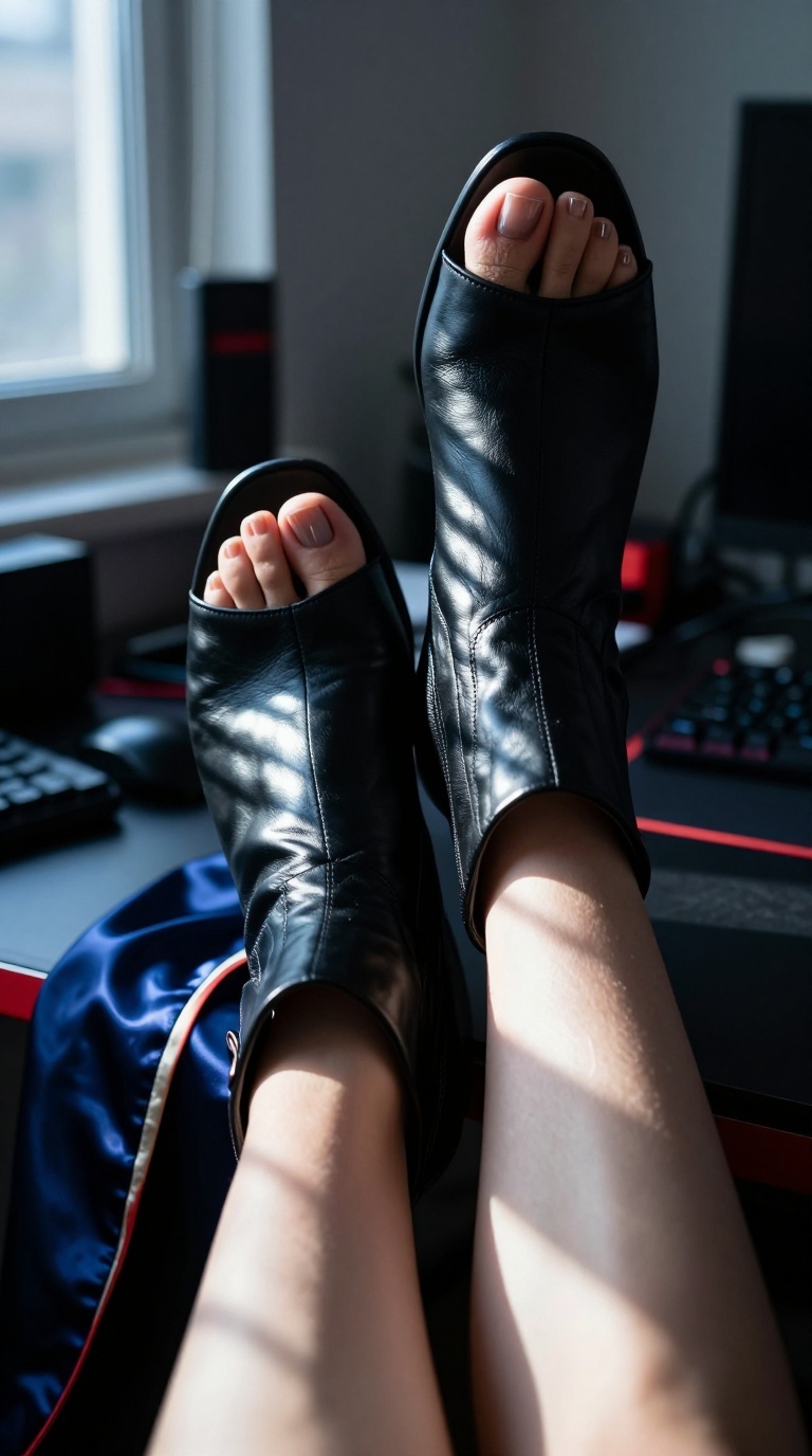 Slender feet in peep-toe booties on messy gamer desk with extreme arch flex and caustic light patterns