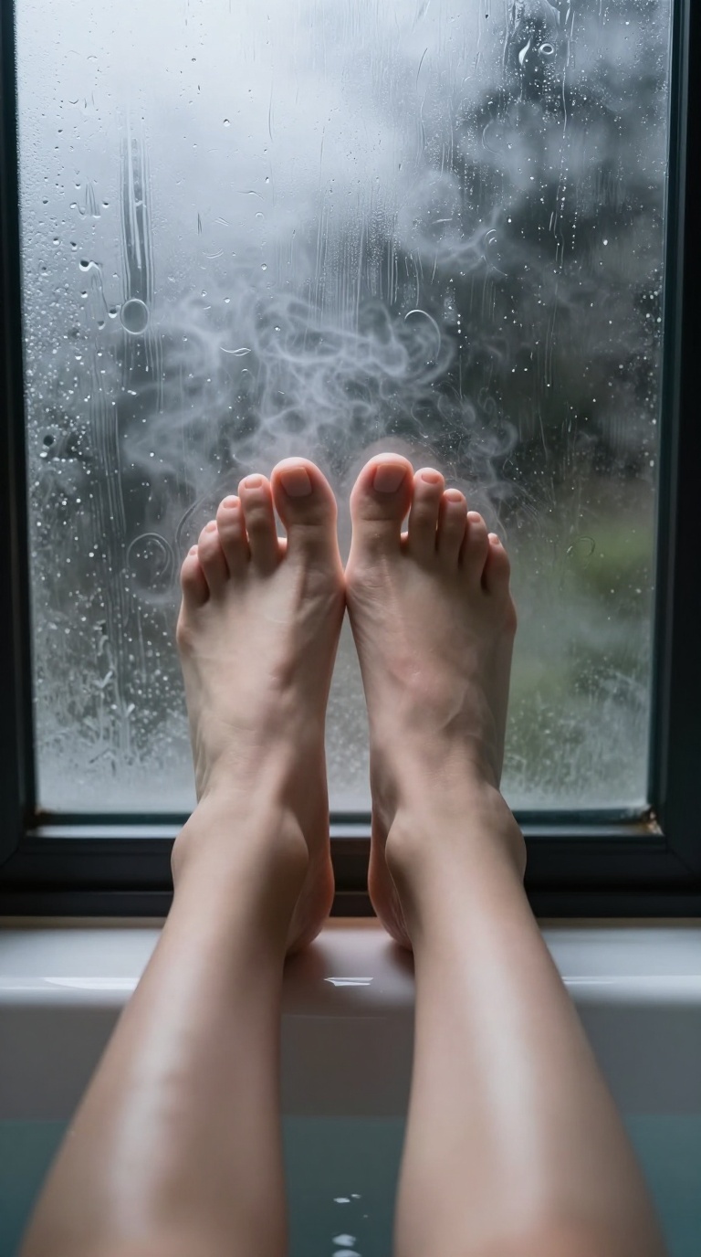 Bare feet with smooth skin texture on a rainy window, steam from hot bath, high-contrast spotlight, tracing circles on fogged glass, cinematic.
