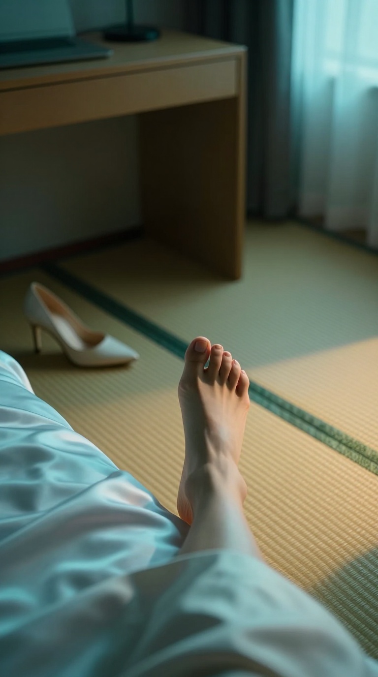 Bare foot with high arch pressing toes into satin sheets, teal and amber cinematic lighting, woven tatami texture, minimal luxury bedroom.