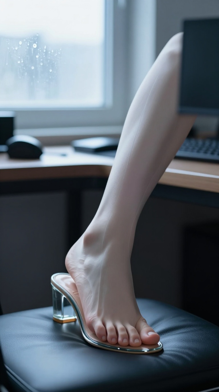 One foot in a glass slipper rests on a desk, the other foot brushing the ankle, soft window condensation, smooth leather upholstery, diffused daylight.