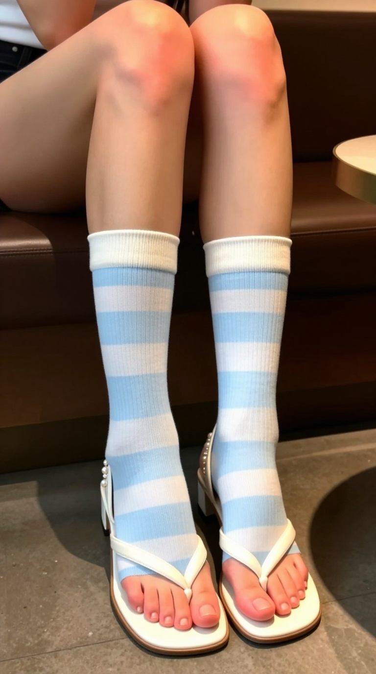Feet in striped knee-high socks and sandals on tiptoes, skin with rosy glow and visible tendons, Seoul cafe setting with cinematic shadows