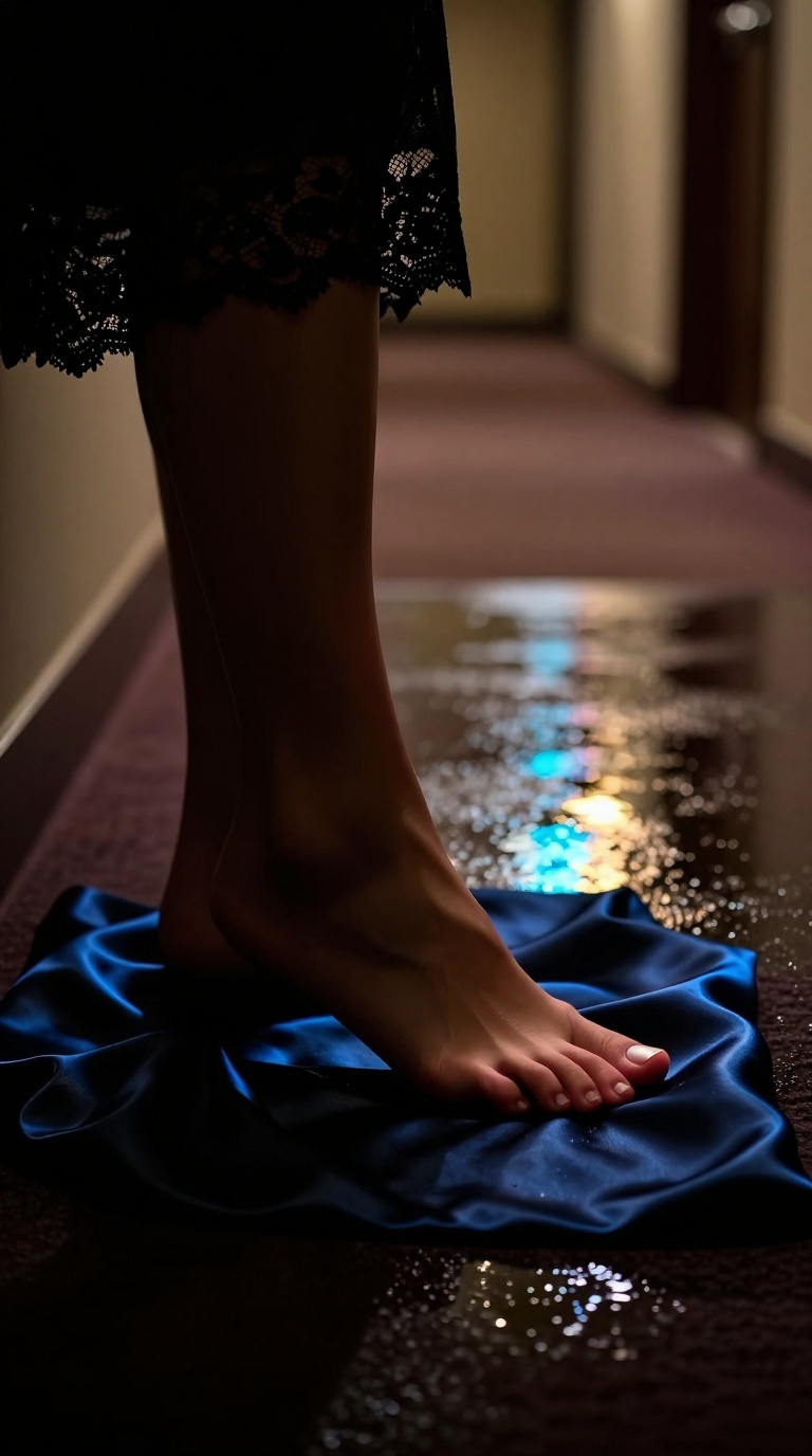 Three-quarter side profile of feet in lace hold-ups pressing toes into satin sheets with neon rain reflections