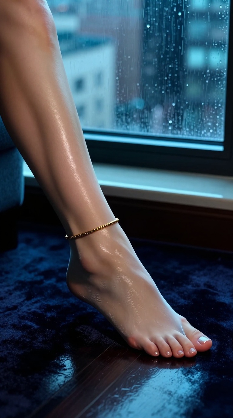 Sensual foot with glass-silk socks pressing into plush velvet rug, golden anklet gleaming under neon glow.