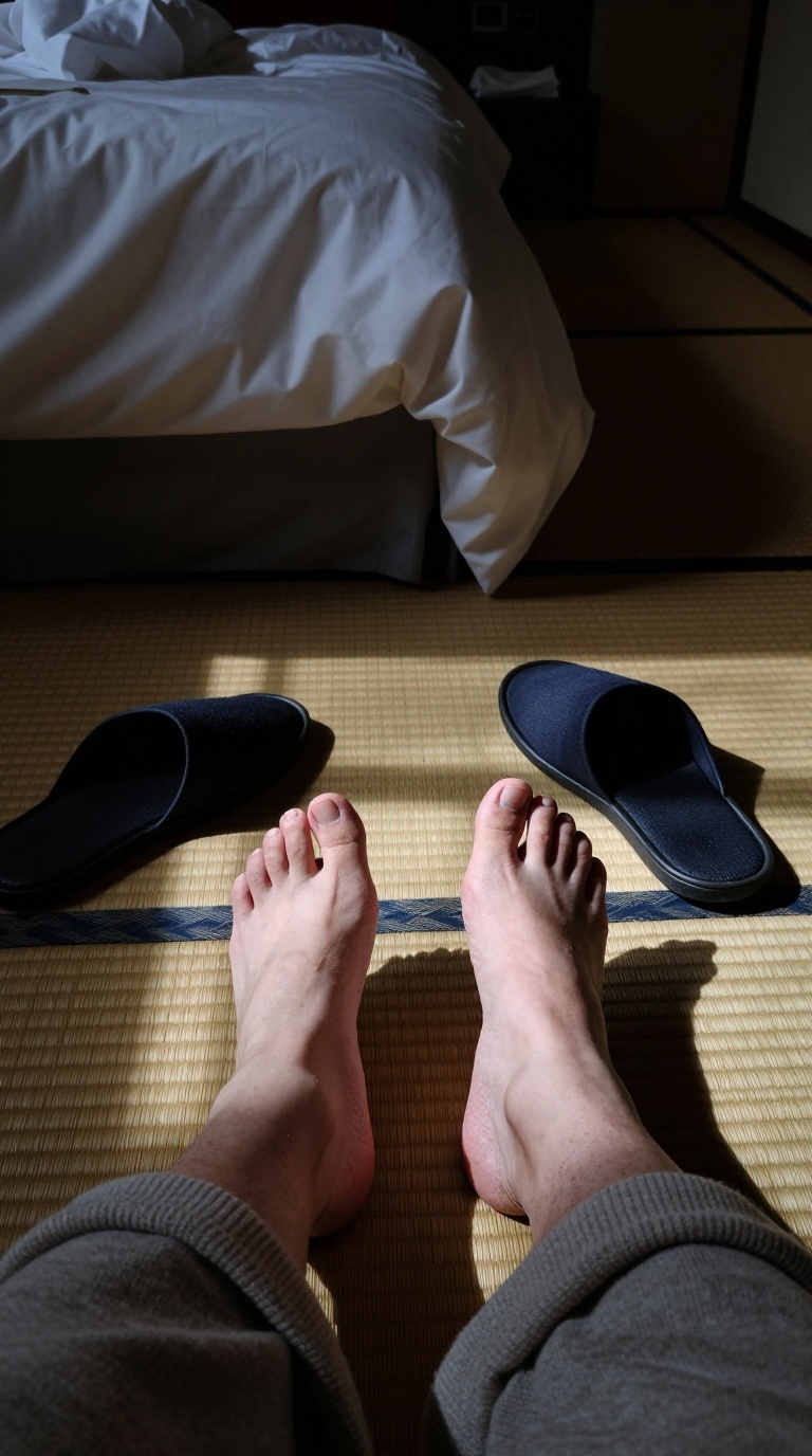 Two bare feet with dusty soles on tatami mat, toes curled gently, open-toe mules nearby, quiet intimate hotel scene