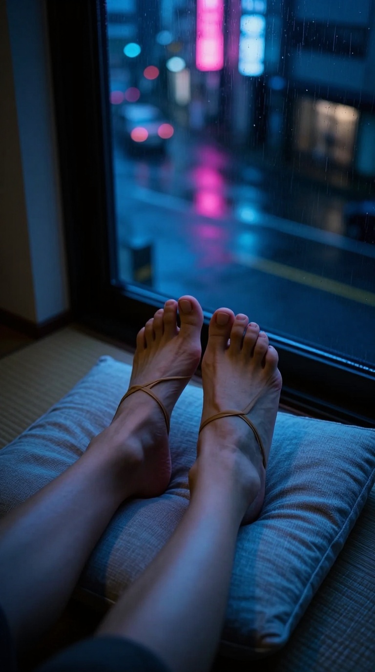 Rainy-night Tokyo apartment window seat with bare feet, subtle sandal tan lines, neon reflections, cool linen weave, and incense haze in cinematic shadows