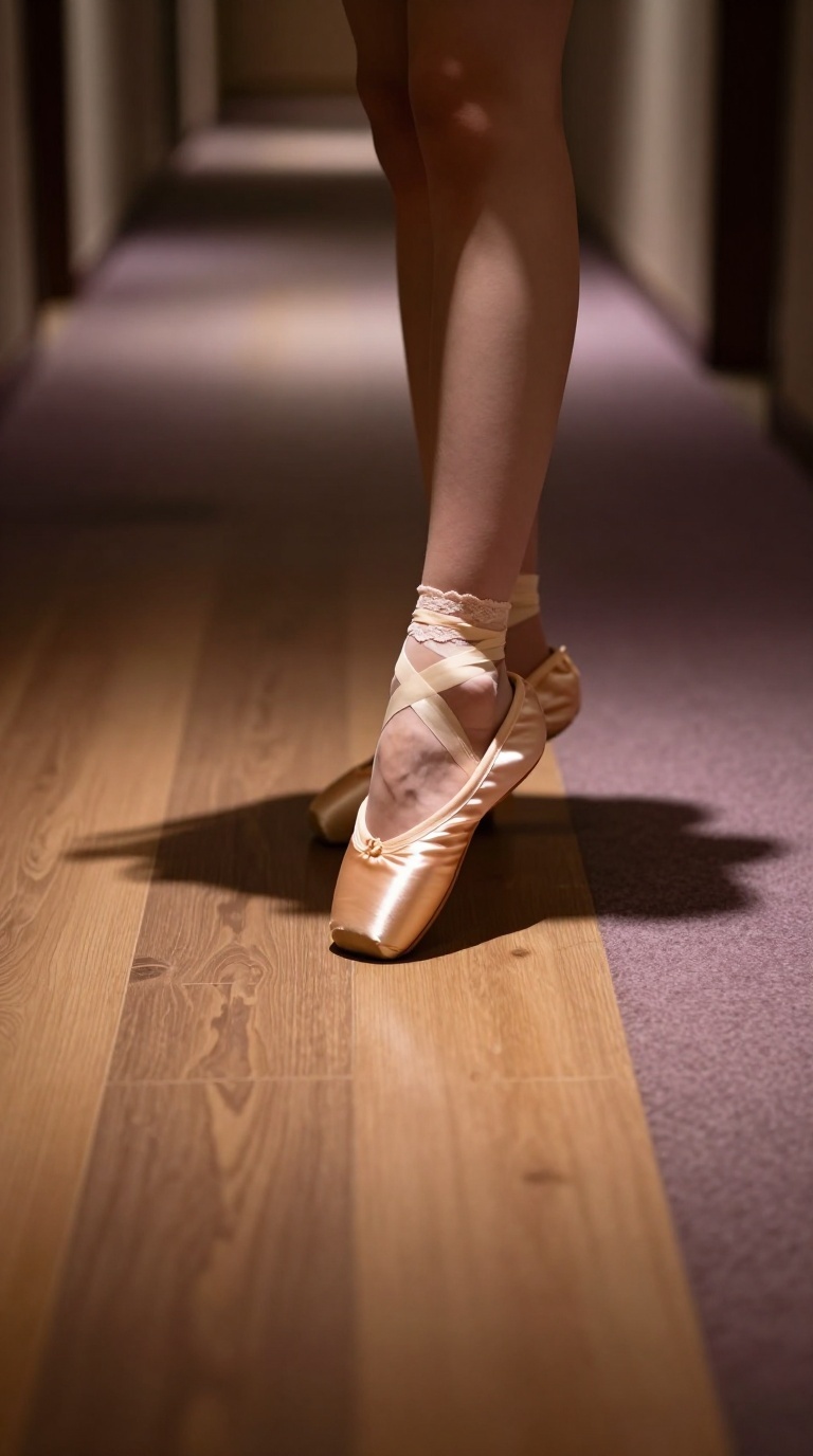 Foot slowly slipping out of tight pump in hotel hallway, satin ballet heel, lace socks, glossy skin sheen, moody lighting