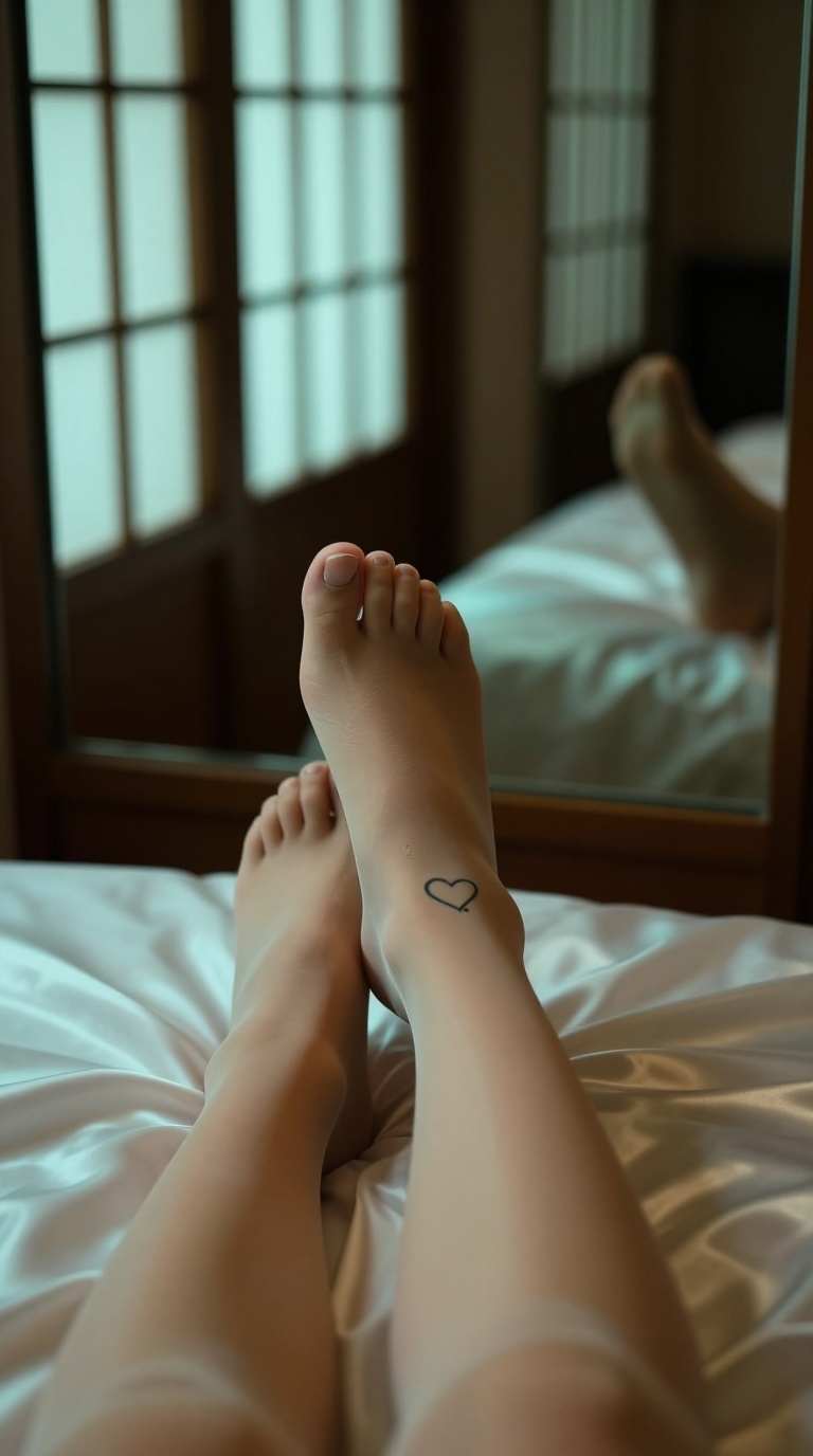 Foot with micro heart tattoo, sheer pantyhose tear near big toe, high arches on wrinkled silk sheets in teal and amber light