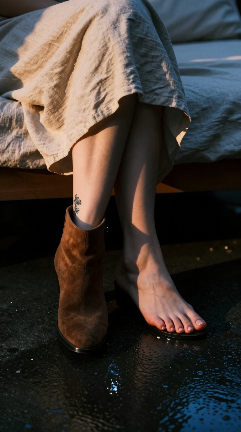 Toes peeking from half-removed suede ankle boot, rain-wet pavement reflection, sunlit linen daybed, moody side lighting, floral ankle tattoo