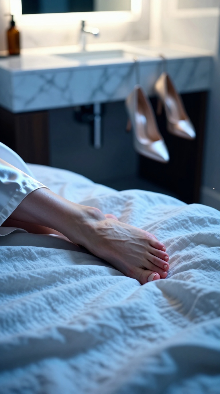 Slender toes curling on tangled messy sheets with cool linen weave, marble vanity, dangling pumps, and satin robe edge under neon glow.