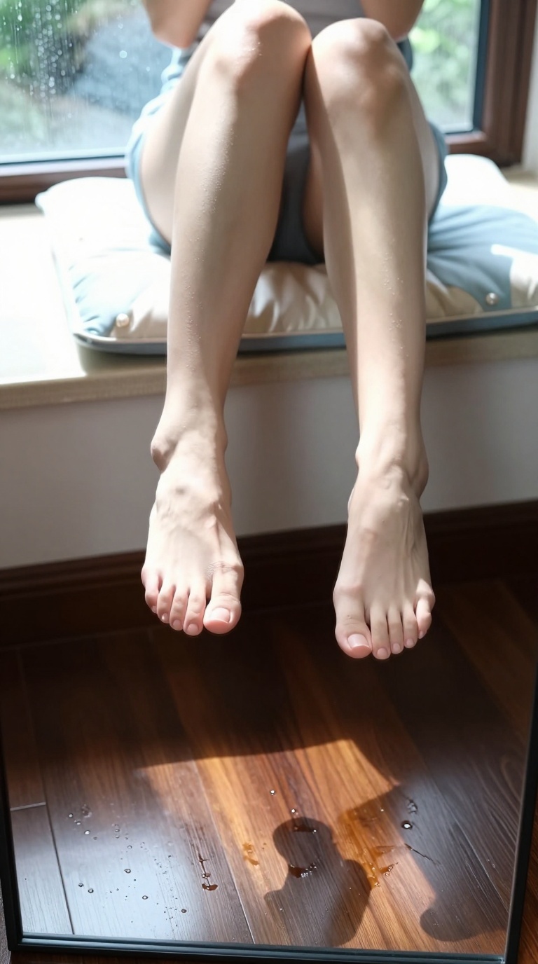 Damp footprints on dark wood floor near bay window bench, with elegant ankle curve and toes spread gracefully in mirror reflection viewpoint