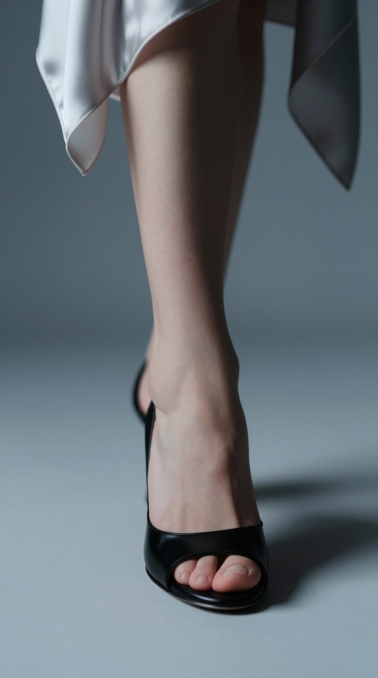 Single foot emerging from a peep-toe bootie in a cool minimalist studio loft with soft rim lighting and silk scarf folds
