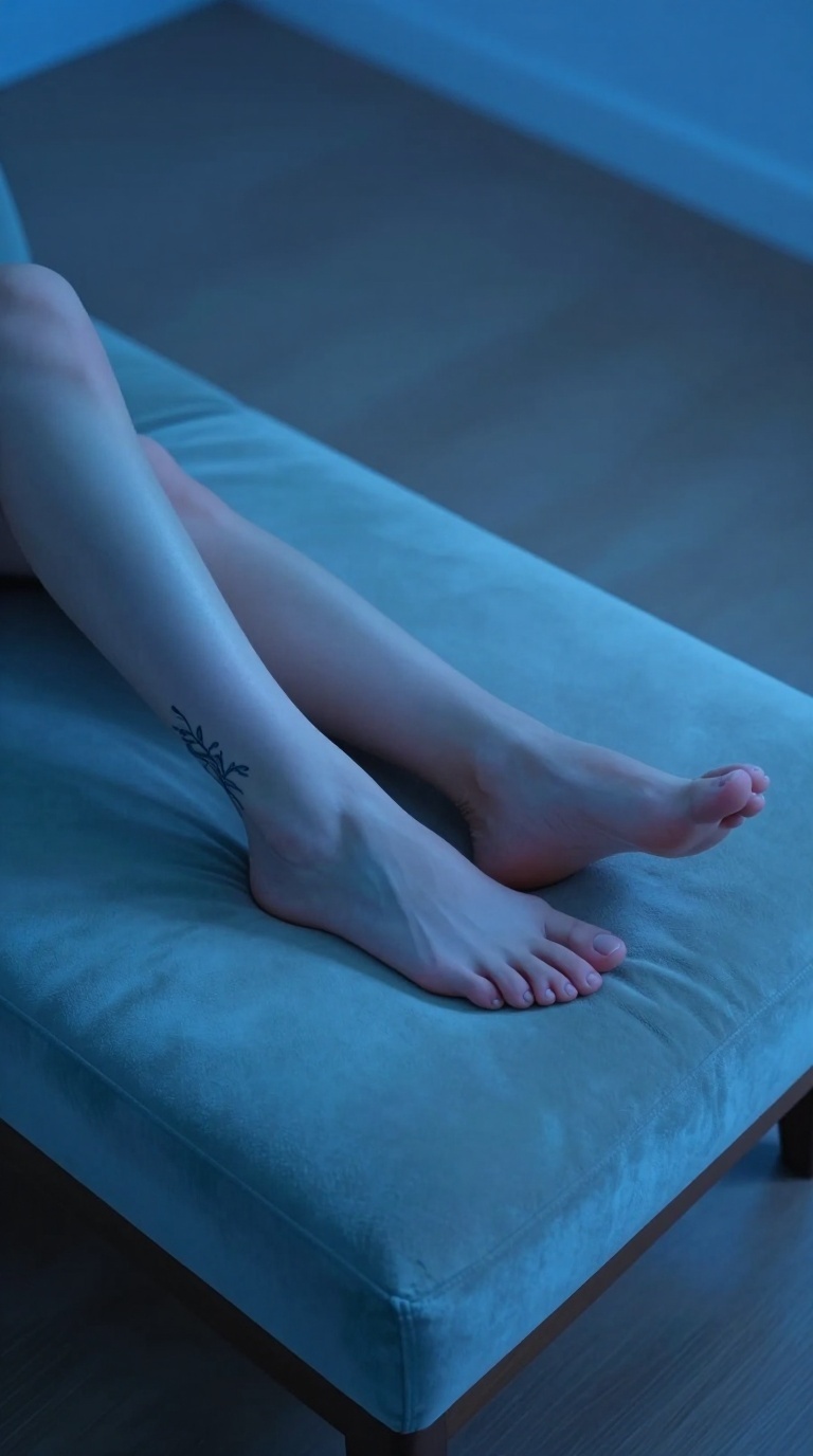 Wide shot, blue-hour light, foot sliding out of heel, vine tattoo around ankle, suede chaise lounge, seafoam and sand tones, socks off heel, negative space