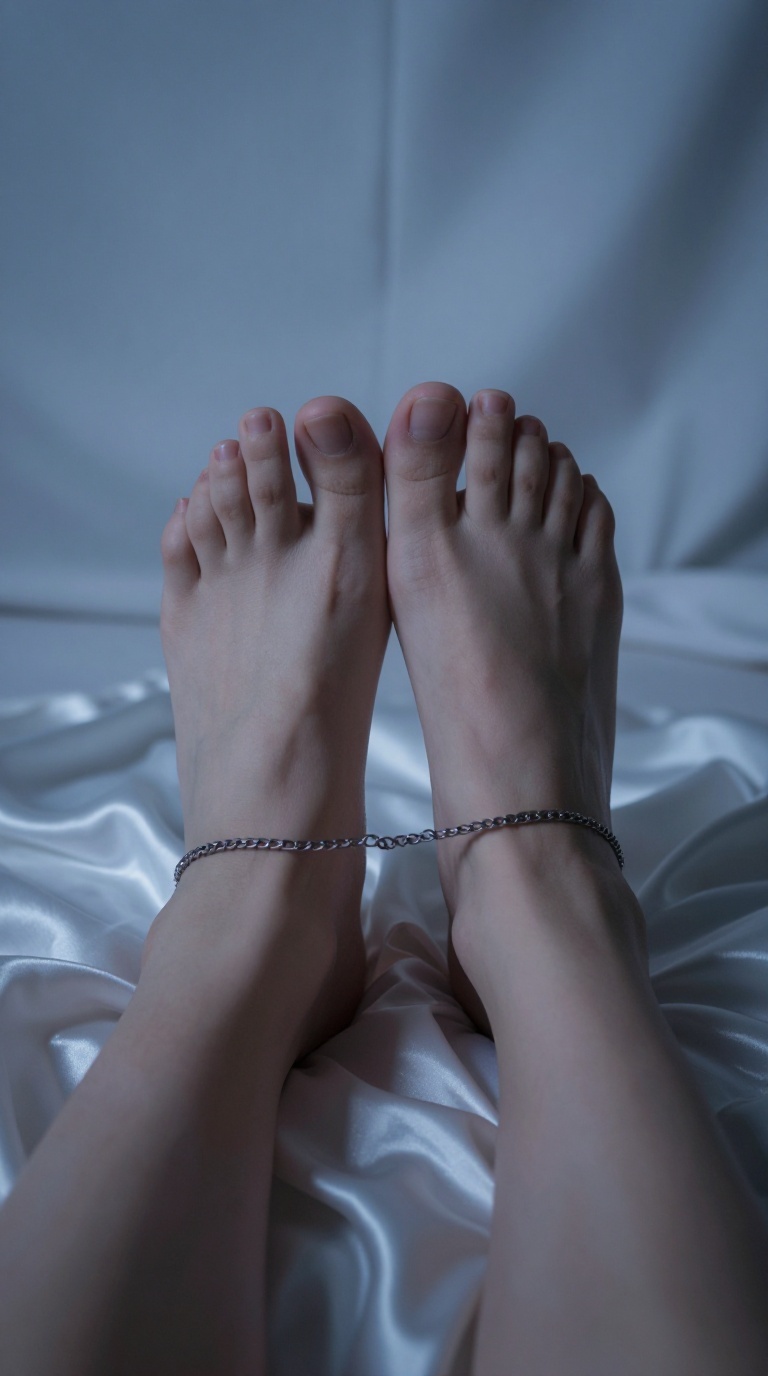 Woman's feet with thin chain anklet spreading toes on damp silk sheets in low-key light