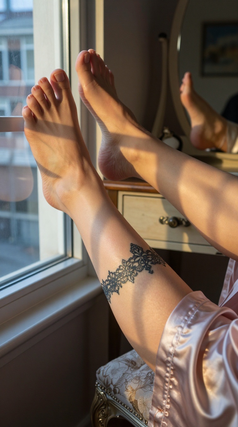 Elegant feet with lace tattoo against window glass, mirror reflection, satin robe, cinematic lighting