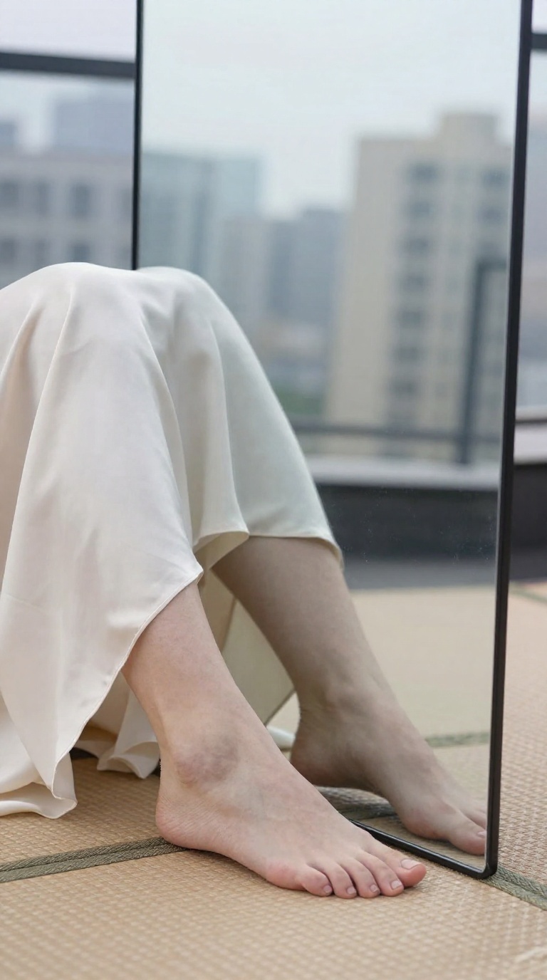 Bare feet pressed against glass in mirrored rooftop reflection with cream silk dress and city skyline