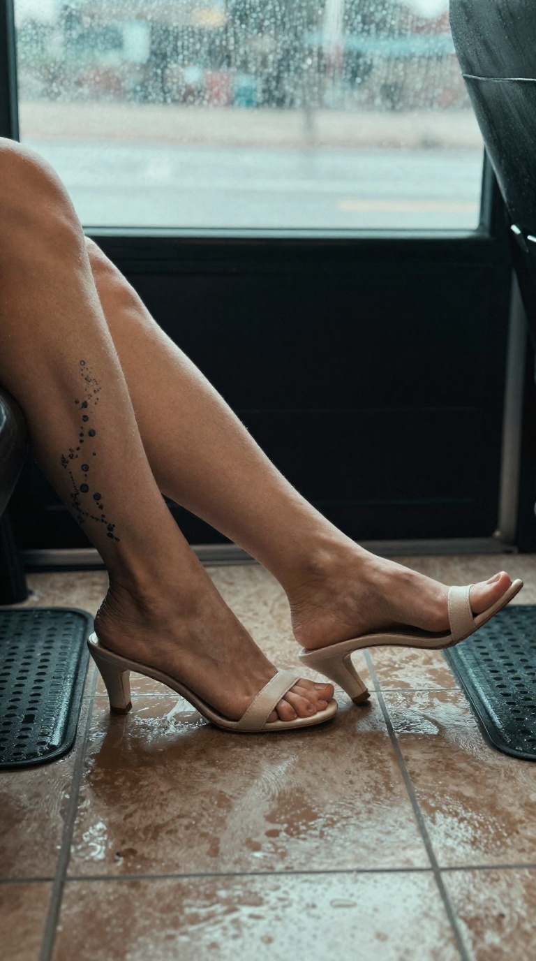 Woman's feet in kitten-heel mules resting on wet car mat, toes spread wide, tile reflection, constellation tattoo on ankle, cinematic lighting