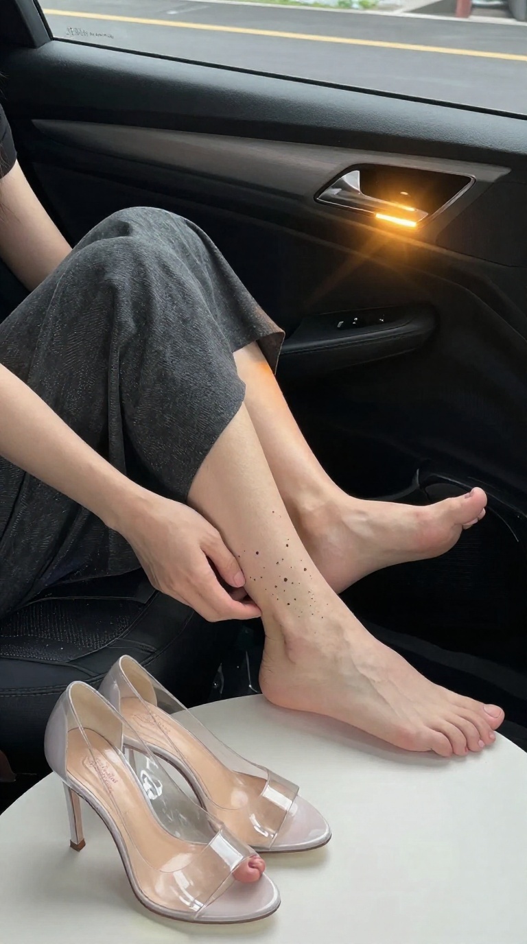 Woman's bare sole pressed against car window, arched foot with visible tendons and constellation ankle tattoo under warm tungsten light, clear heel on table