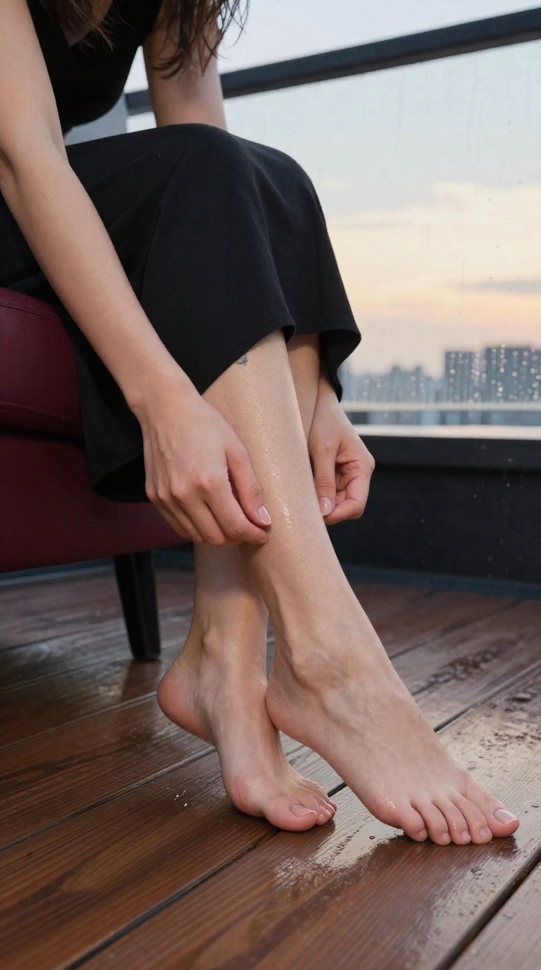 Woman's bare feet tucked under long skirt on back seat, warm wooden floor, rain droplets on window, skyline view