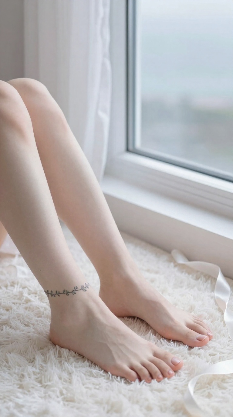 Reflected double-angle mirror shot of elegant feminine feet with high arches and vine ankle tattoo on plush rug in soft romantic daylight