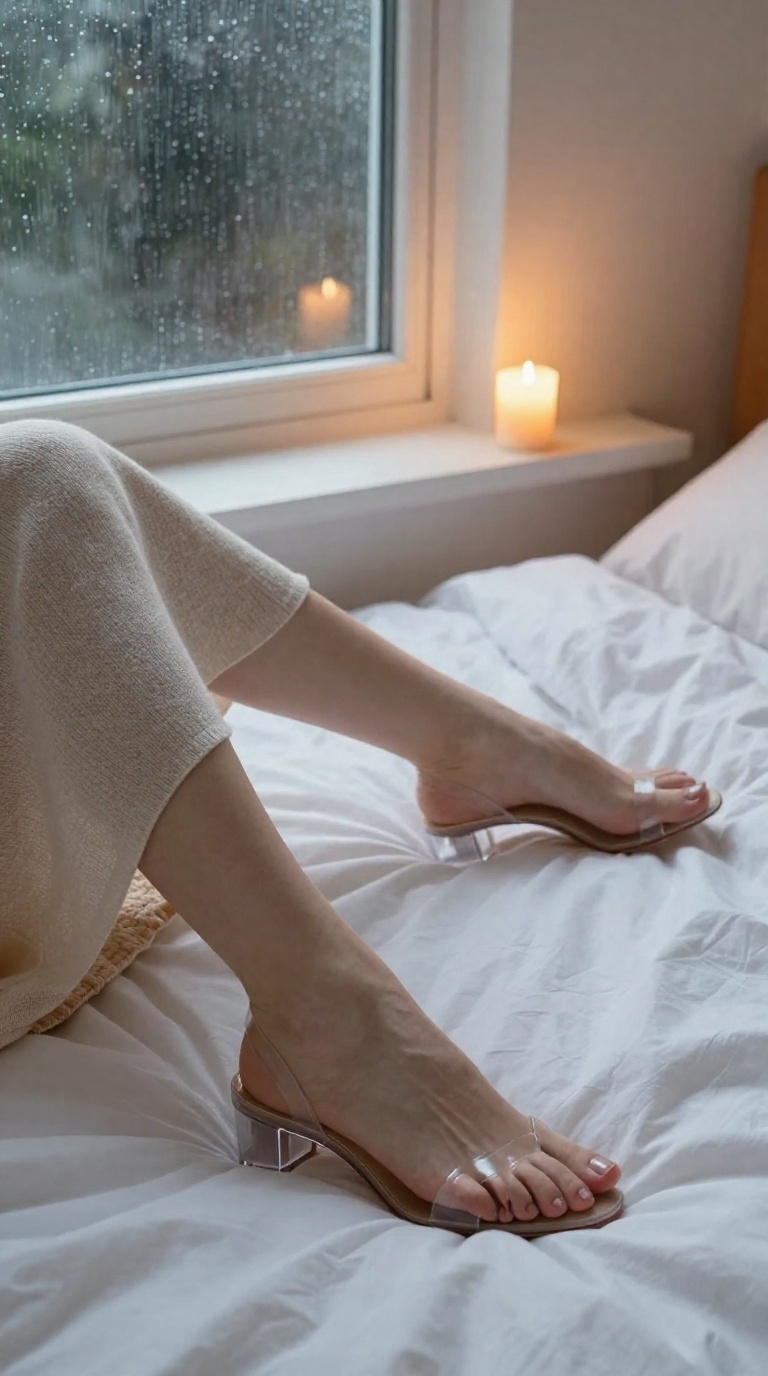 Woman in soft knit dress resting on white bed sheets, one bare foot with toes curved, the other foot in a clear high heel, warm candlelit ambiance near rain-streaked window