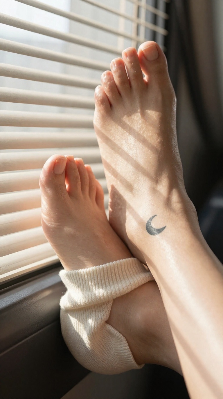 Elegant bare foot with crescent moon tattoo and ribbed sock by car window in golden light