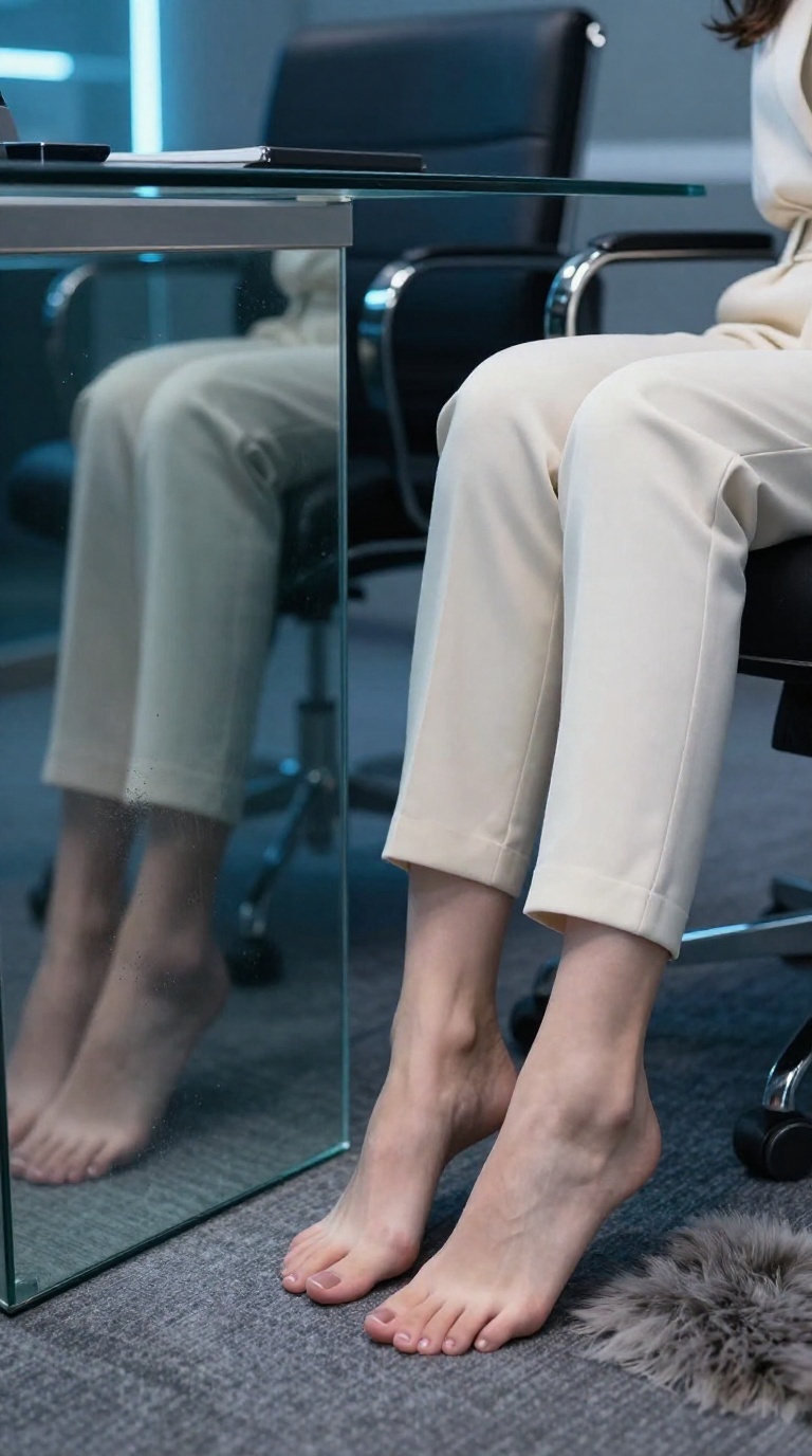 Woman's elegant feet with powder-soft instep pressed against steamed mirror, neon reflection, black leather boardroom chair, soft faux fur rug