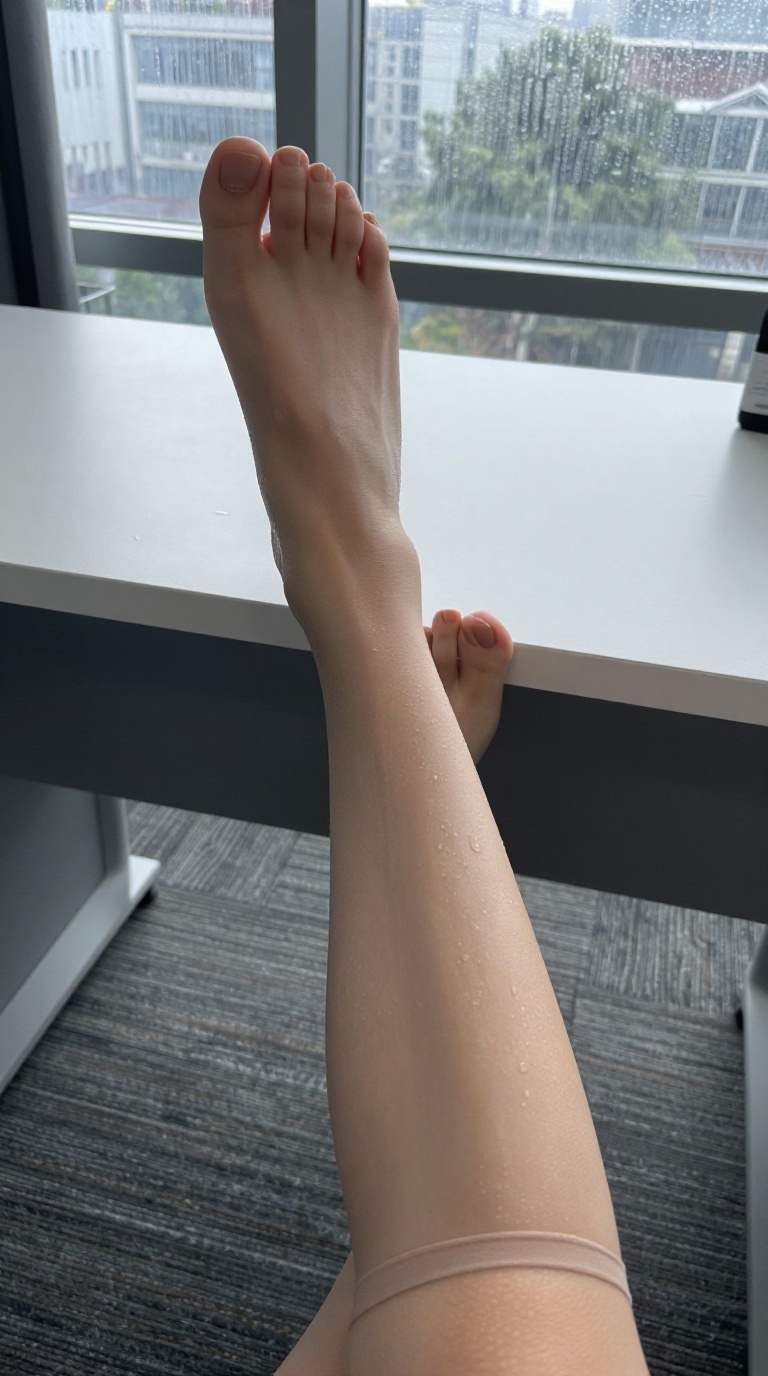 Elegant feminine feet with matte nude pedicure and high arches, one foot on desk with toes gripping, thigh-high stockings, rainy daylight through window.