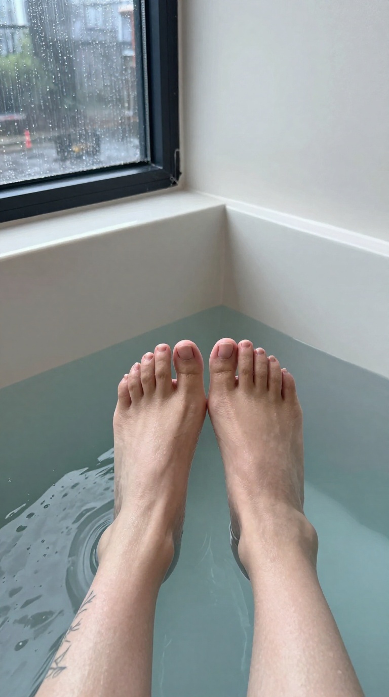 Woman's bare soles on glass with vine tattoo ankle, soft rain visible, cozy bathroom lighting