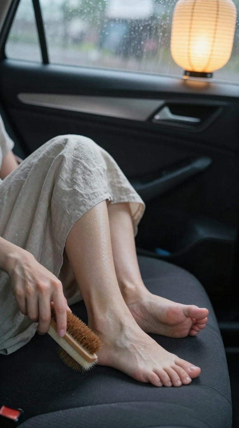 Close-up of a woman's bare foot with dusty sole brushing plush car seat fabric in warm lantern light, rainy afternoon setting
